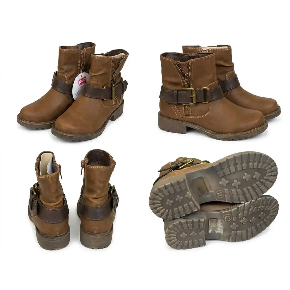 NEW! Pop Tali Brown Size 13M Girls Biker Ankle Boots / Motorcycle Vegan Bootie